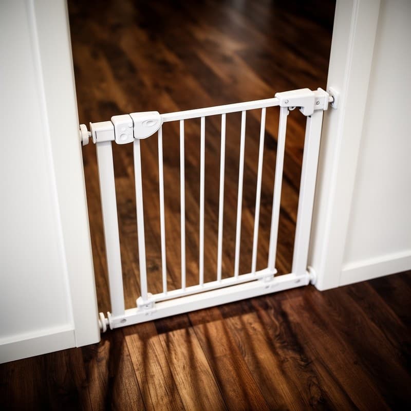AI-enhanced studio-quality photo of a white metal pet gate